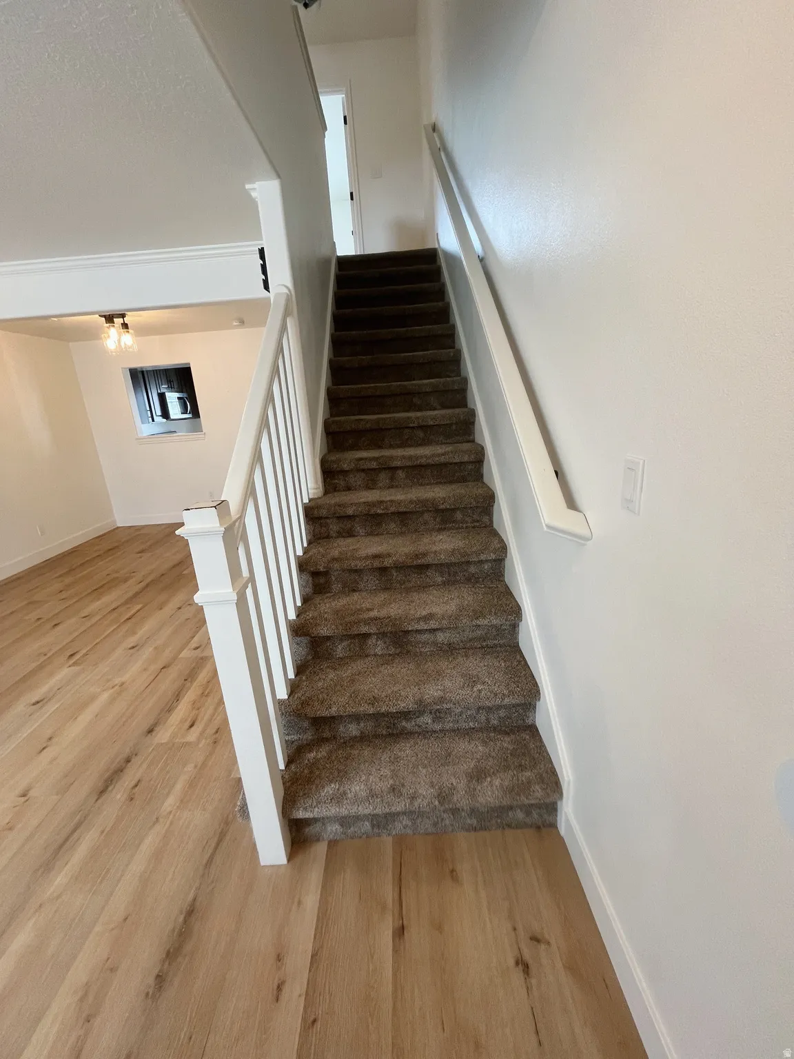 Carpeted staircase with white balusters and handrails, complemented by wood-finish flooring