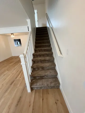 Carpeted staircase with white balusters and handrails, complemented by wood-finish flooring