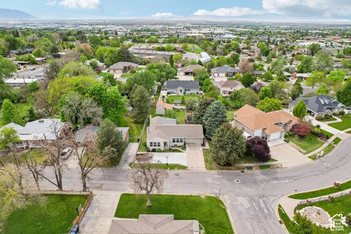 Expansive aerial perspective showcasing a residential neighborhood with mature trees and well-maintained properties