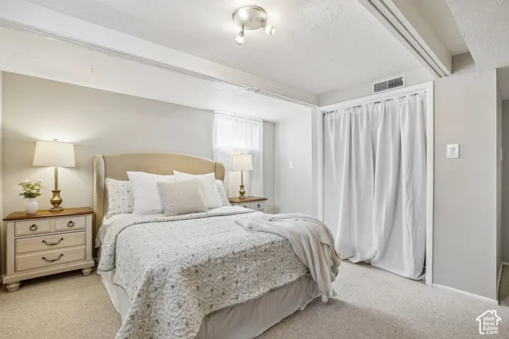Neutral-toned bedroom featuring wall-to-wall carpeting and a ceiling-mounted light fixture
