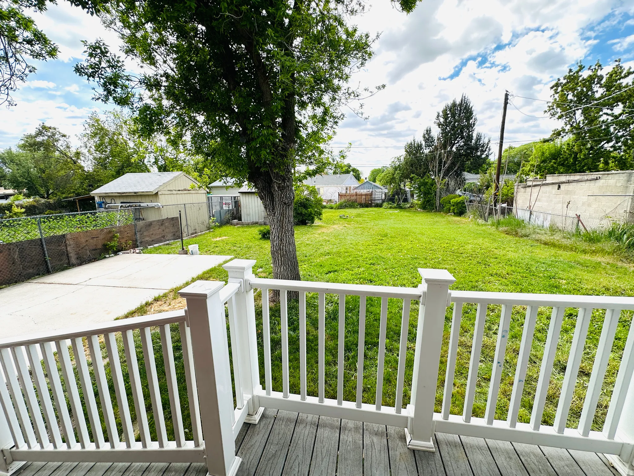 Spacious backyard with a large grassy area, mature tree, concrete pad, and white railing deck