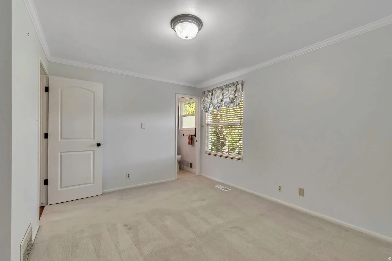 Neutral-toned room featuring light-colored carpeting, white baseboards, and crown molding