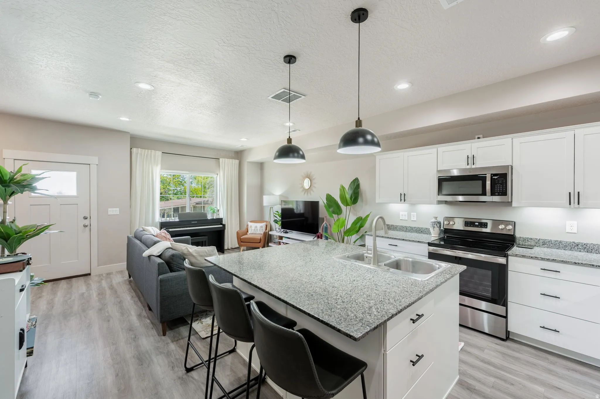 Open-concept living space with wood-finish flooring