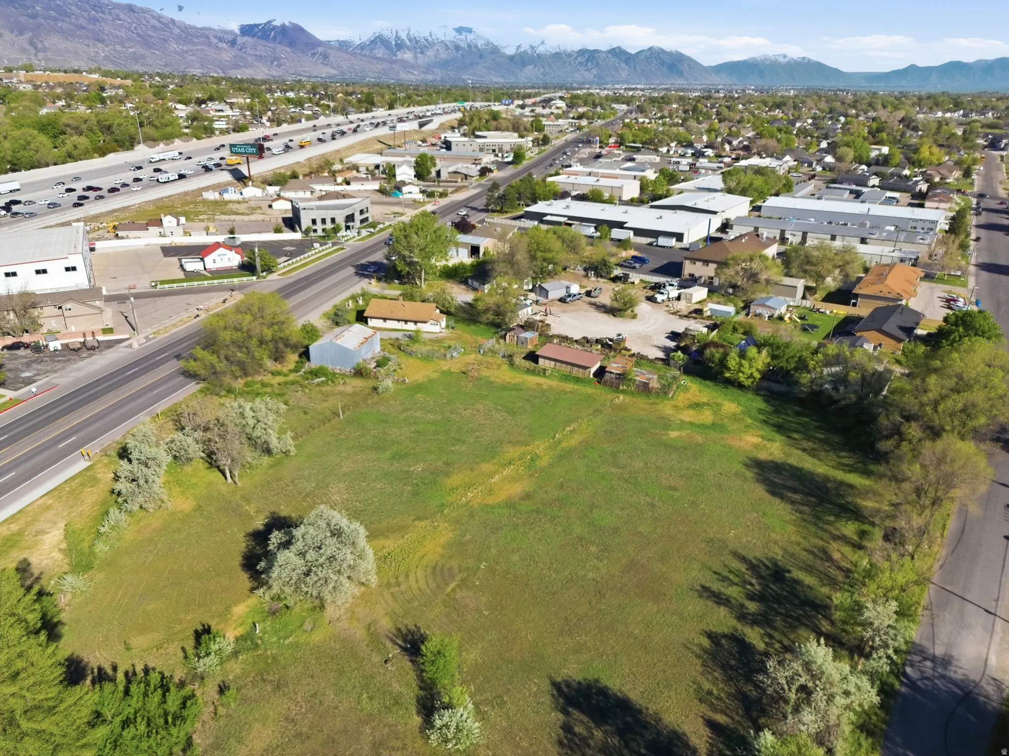 Expansive green space featuring mature trees and a residential street frontage