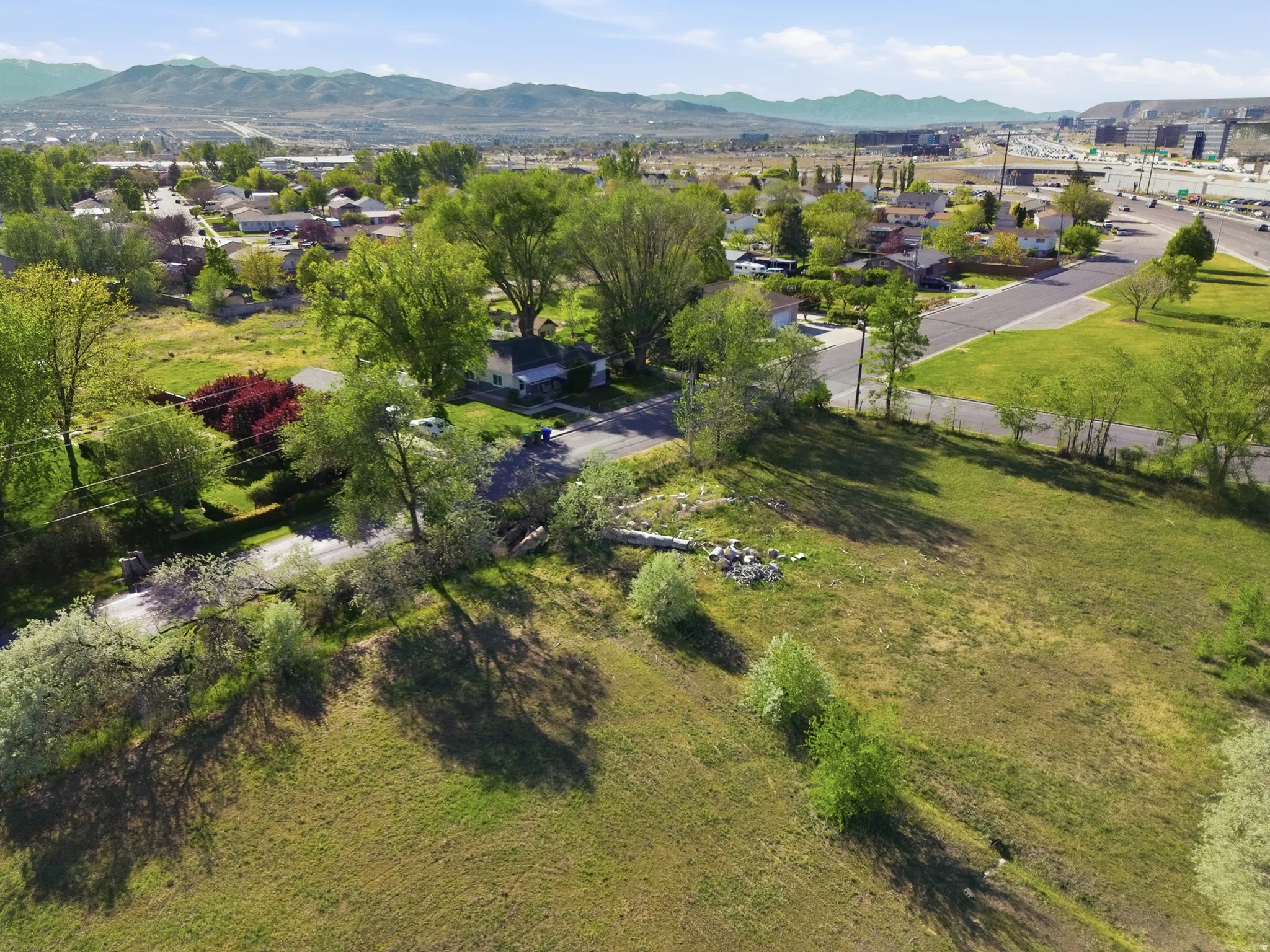 Expansive undeveloped land parcel with mature trees and a gently sloping terrain