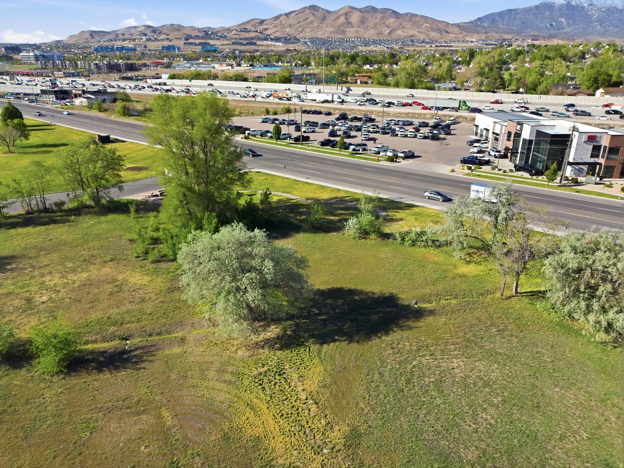 Expansive green space featuring mature trees and open land, with a paved roadway bordering the property