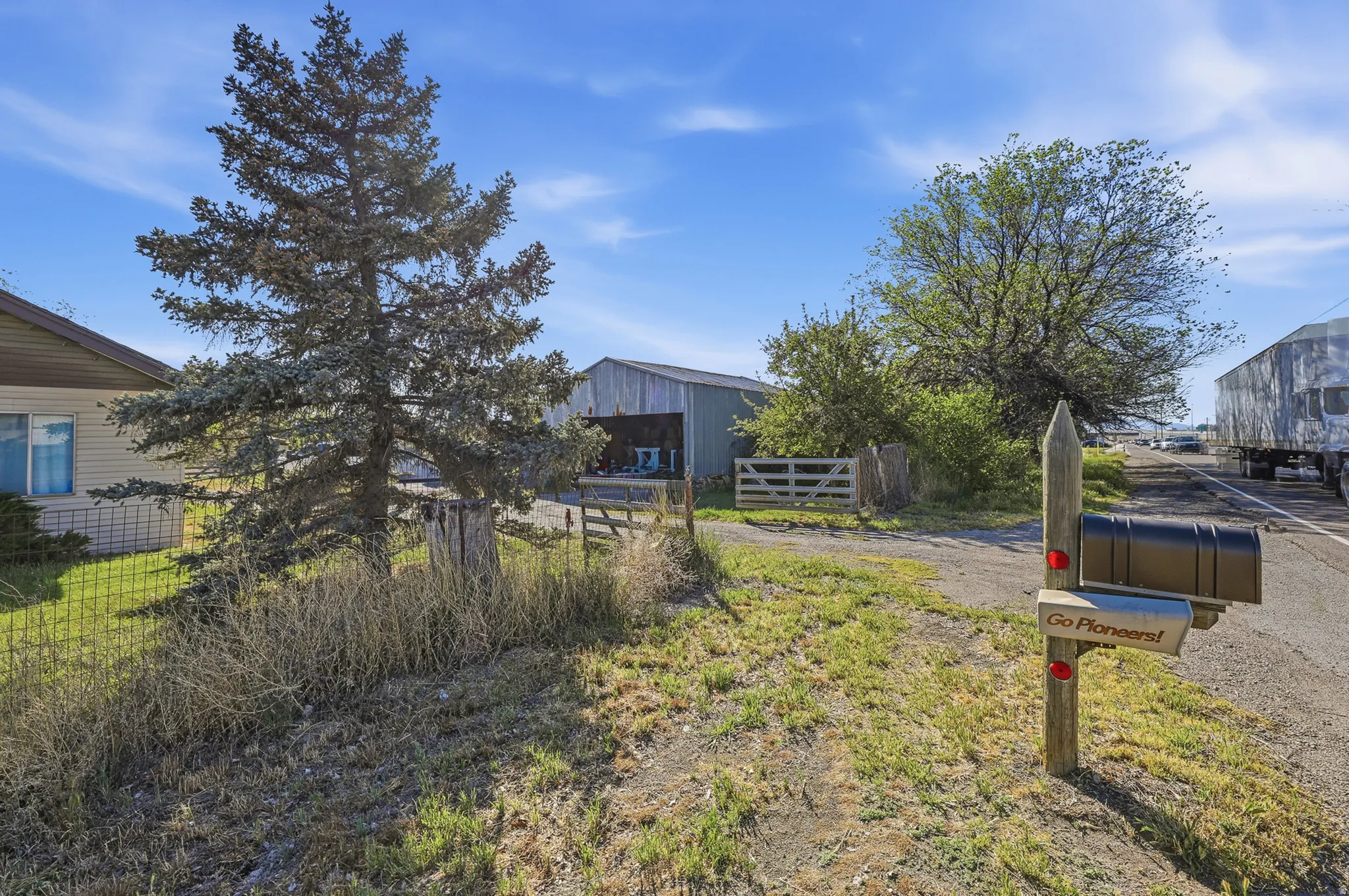 Mature evergreen tree and established landscaping complement the property's exterior