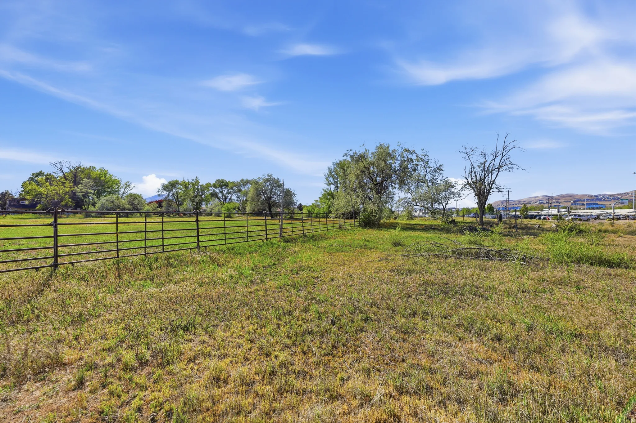 Expansive open field featuring a partial metal fence and varied natural vegetation under a clear blue sky