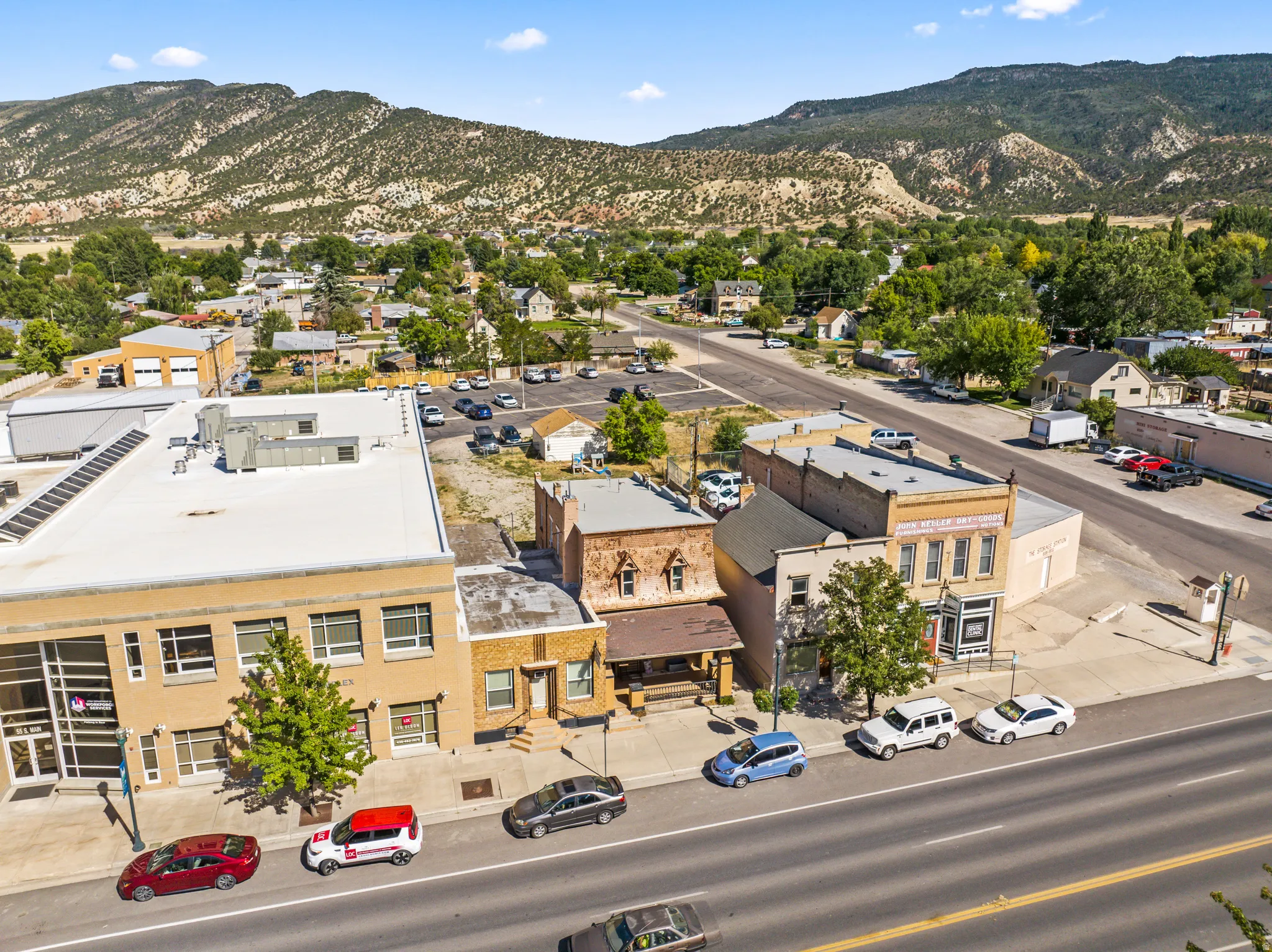 Commercial street frontage featuring multiple buildings