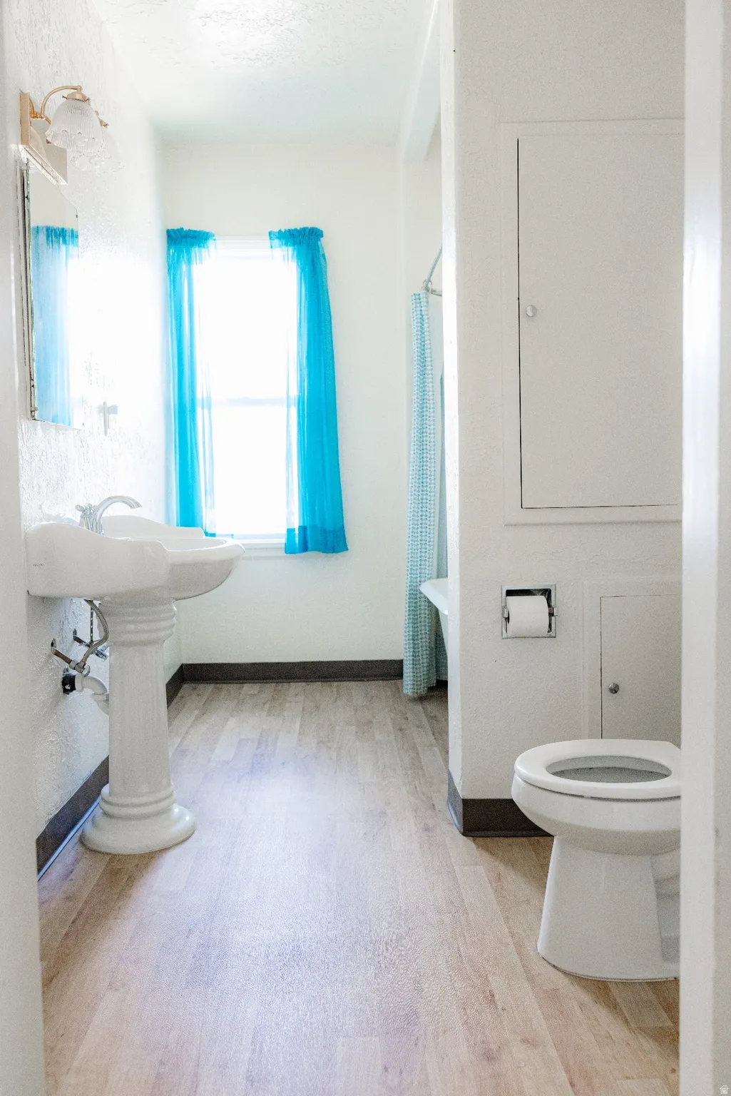 Bathroom featuring wood-finish flooring and a pedestal sink