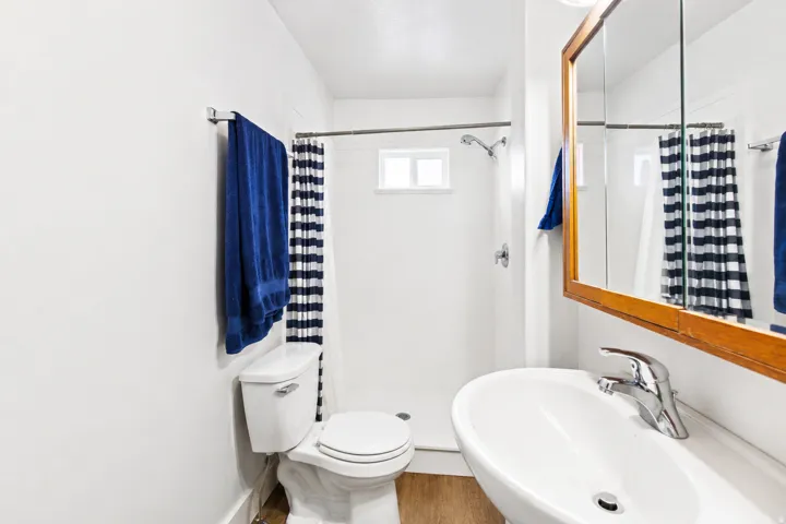 Bathroom with a wall-mounted sink, a wood-framed medicine cabinet, and a shower with a small window