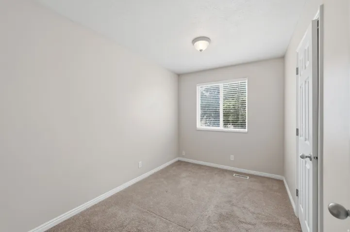Neutral-toned room featuring a single window with blinds, carpet flooring, a flush-mount ceiling light, and a white paneled door