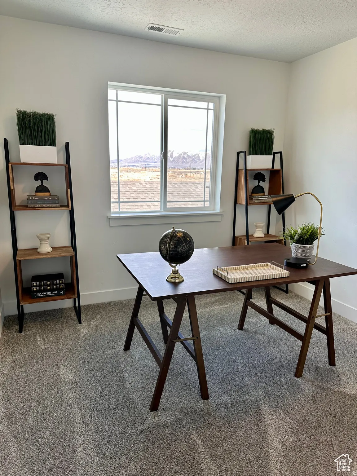 Spacious room featuring a large window, light gray carpeting, and white walls