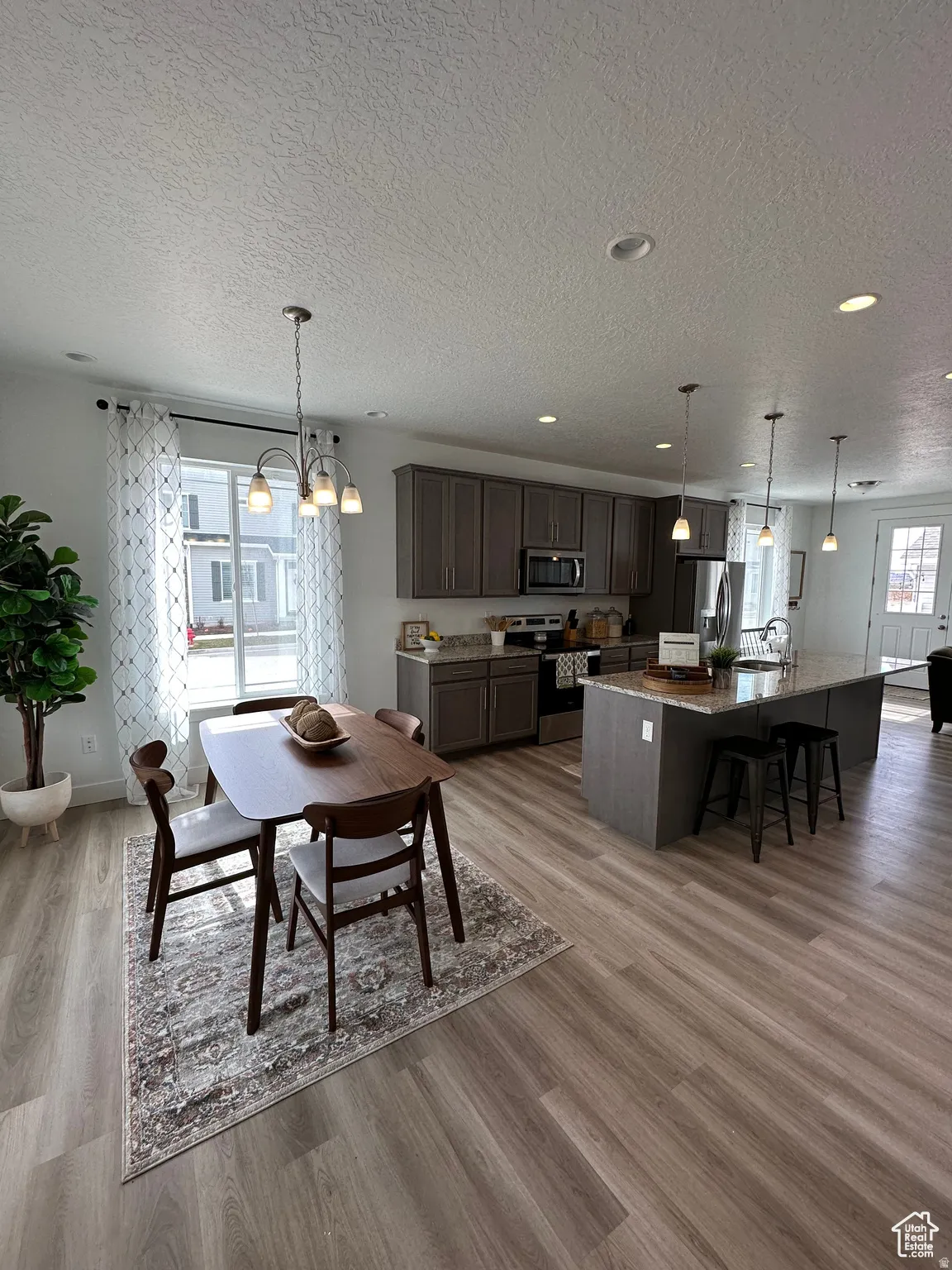 Open-concept kitchen and dining area featuring wood-finish flooring