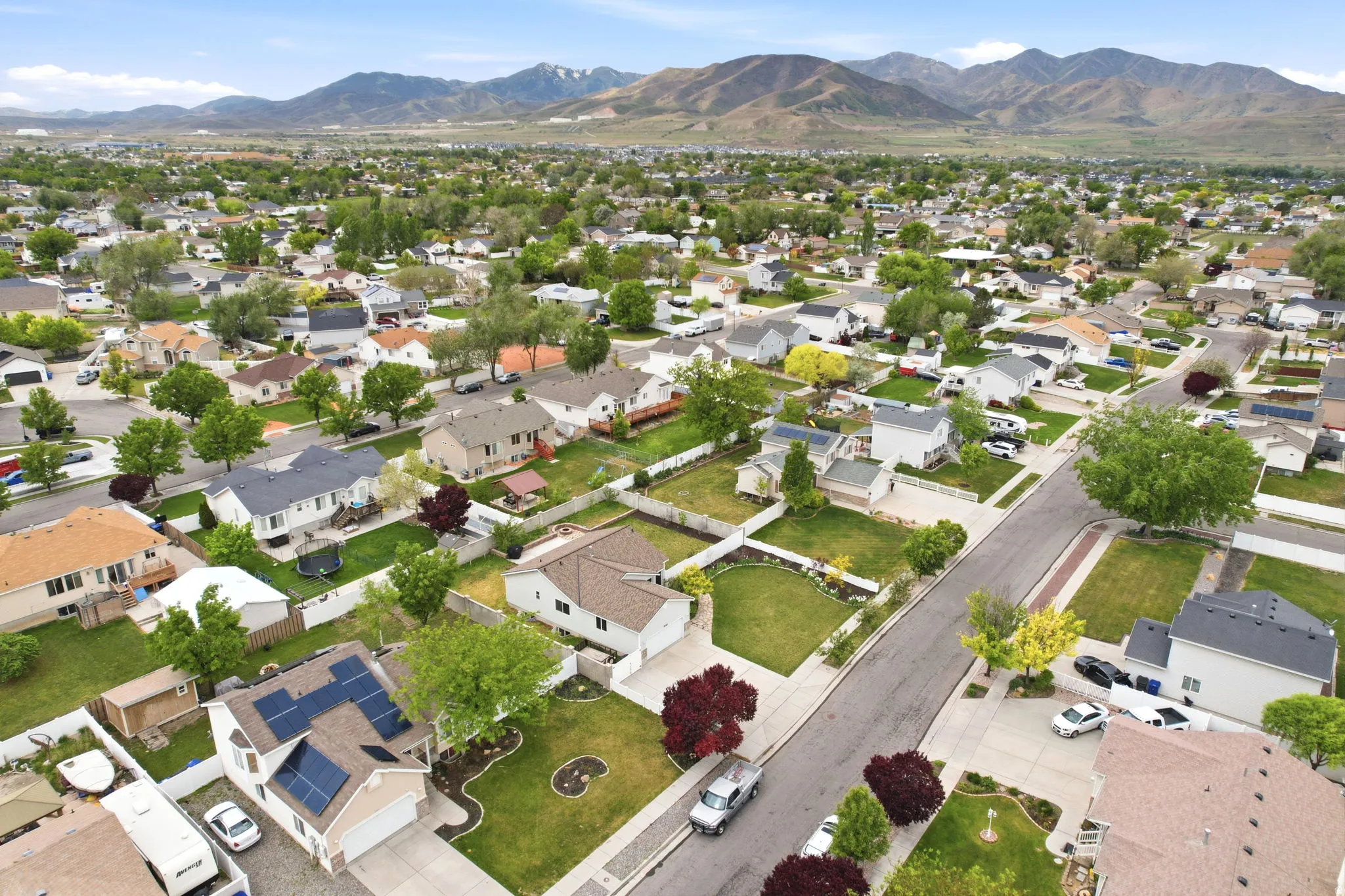 Residential neighborhood featuring mature trees and mountain backdrop