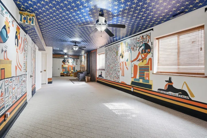 Spacious room featuring patterned carpet flooring and a distinctive blue ceiling with white star accents