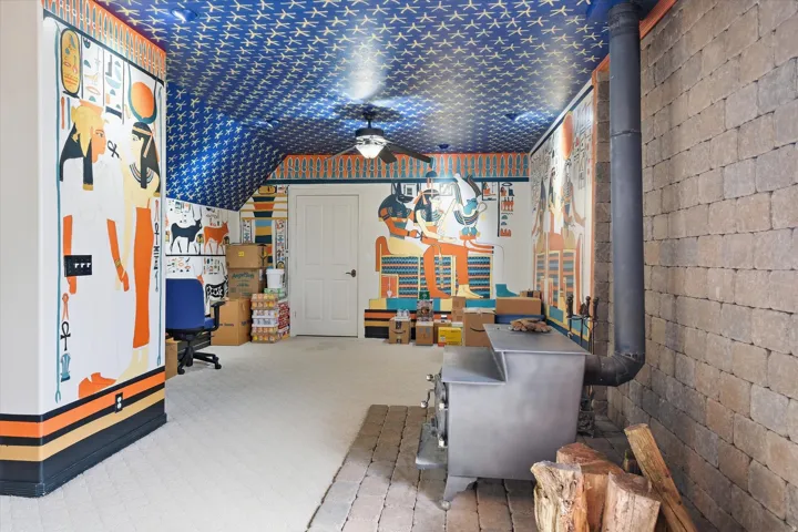 Room featuring custom wall murals, a star-patterned vaulted ceiling, and recessed lighting