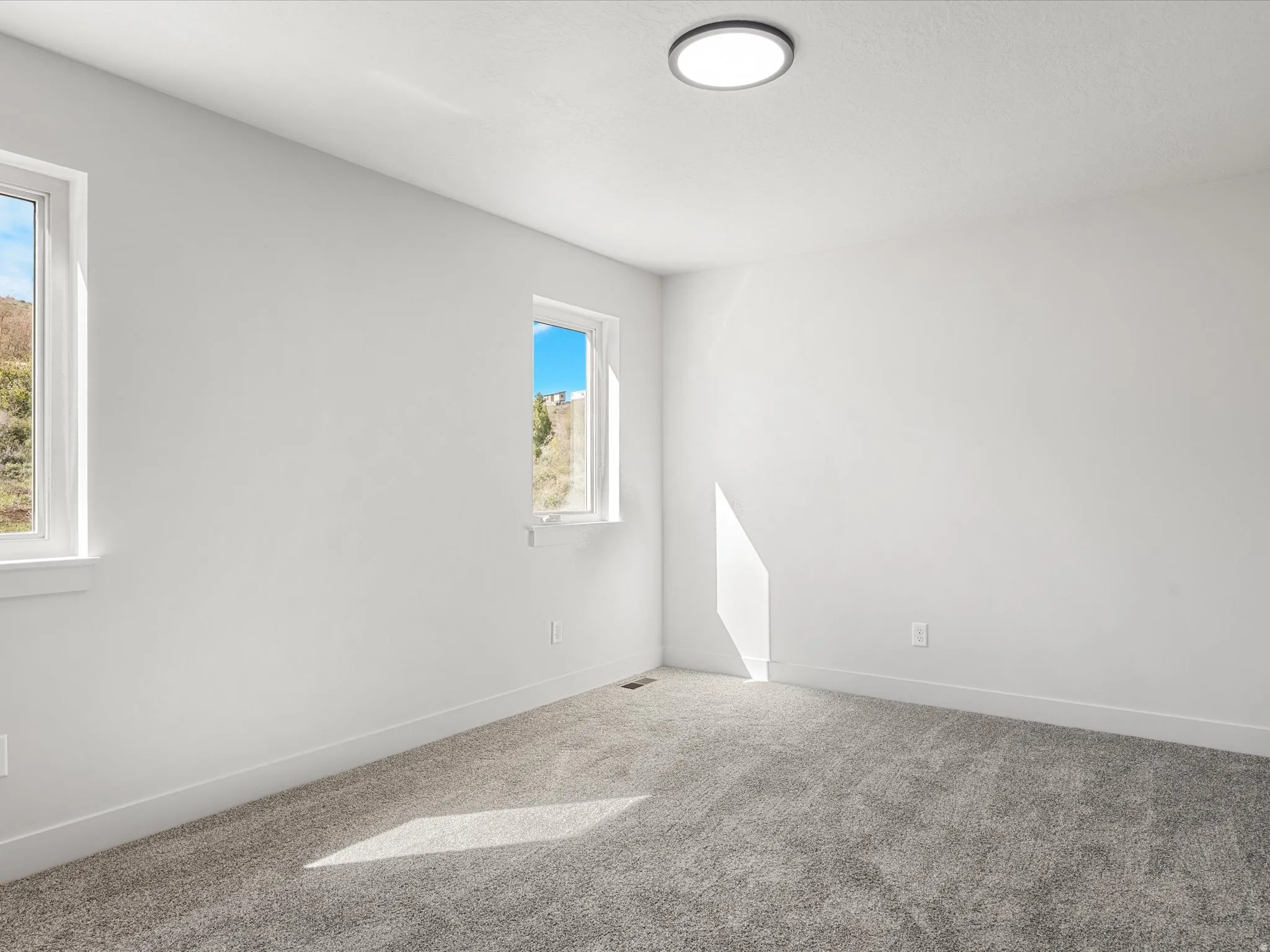 Bright room with two windows, a flush-mount ceiling light, white walls, and gray textured carpeting