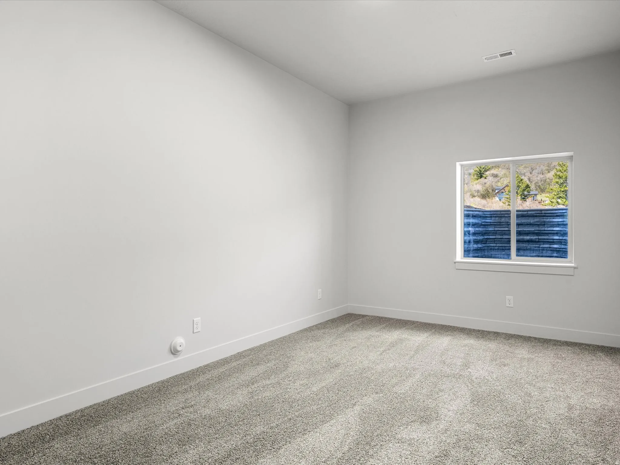 Spacious room featuring neutral carpeting, white baseboards, and a large window with white trim