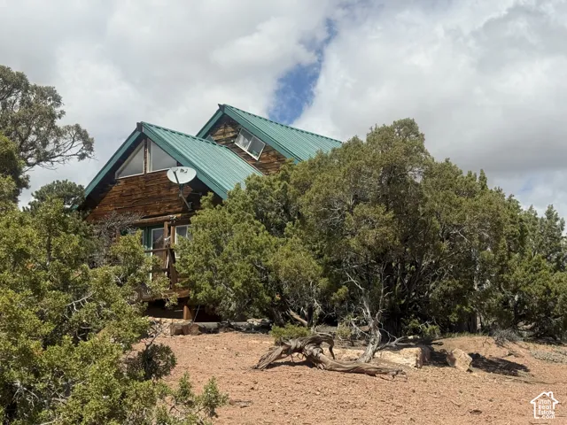 Wood-sided structure featuring a green metal roof and multiple windows