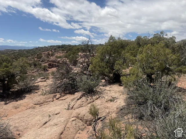 Expansive natural landscape featuring red rock formations, abundant green foliage, and distant rolling terrain under a vast sky with clouds