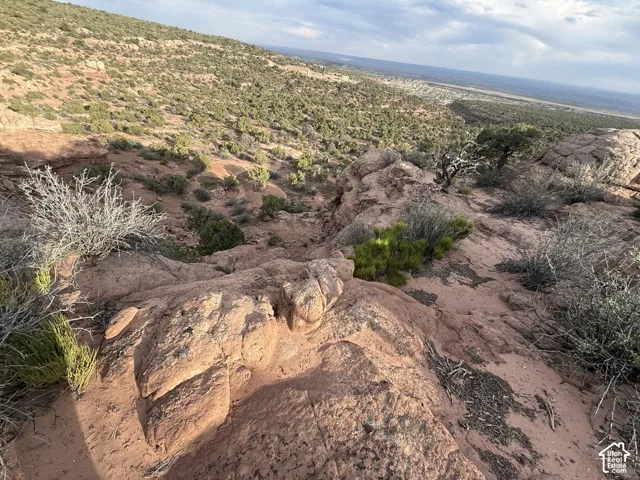 Expansive natural landscape featuring red rock formations and sparse desert vegetation under a cloudy sky