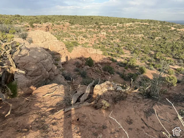Expansive undeveloped land featuring a rugged desert landscape with natural rock formations, scattered green vegetation, and reddish-brown earth