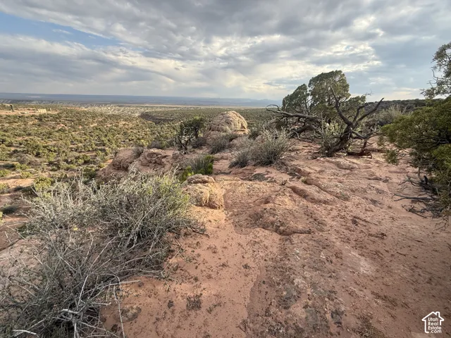 Expansive desert landscape featuring natural rock formations, scattered brush, and distant scrubland under a broad sky