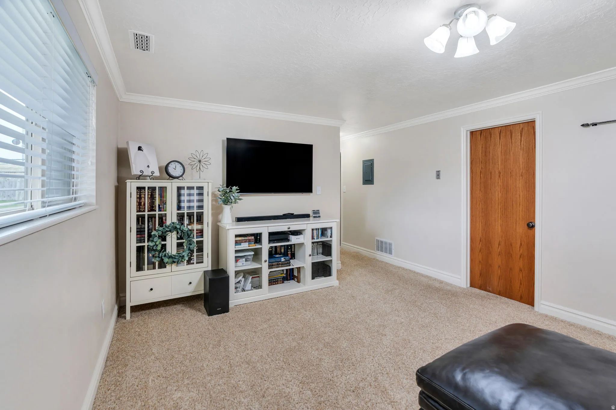 Carpeted living space featuring crown molding, a wood-finish door, and a built-in media console