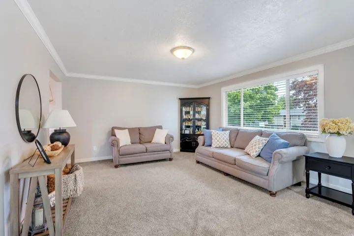 Spacious room featuring light gray walls, white crown molding, and gray carpeted flooring