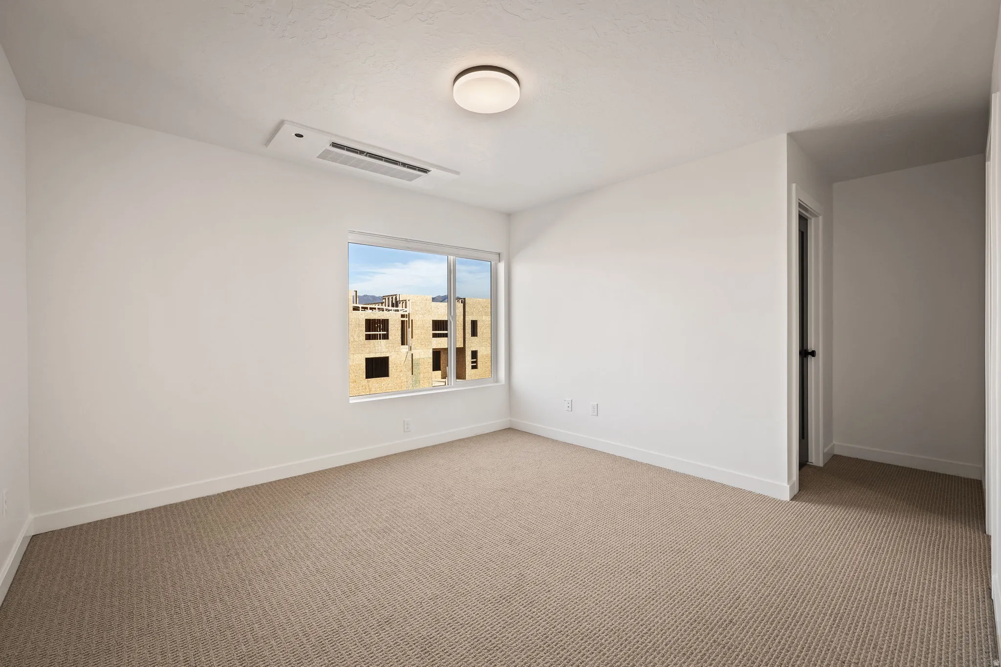 Neutral-toned carpeting paired with white baseboards