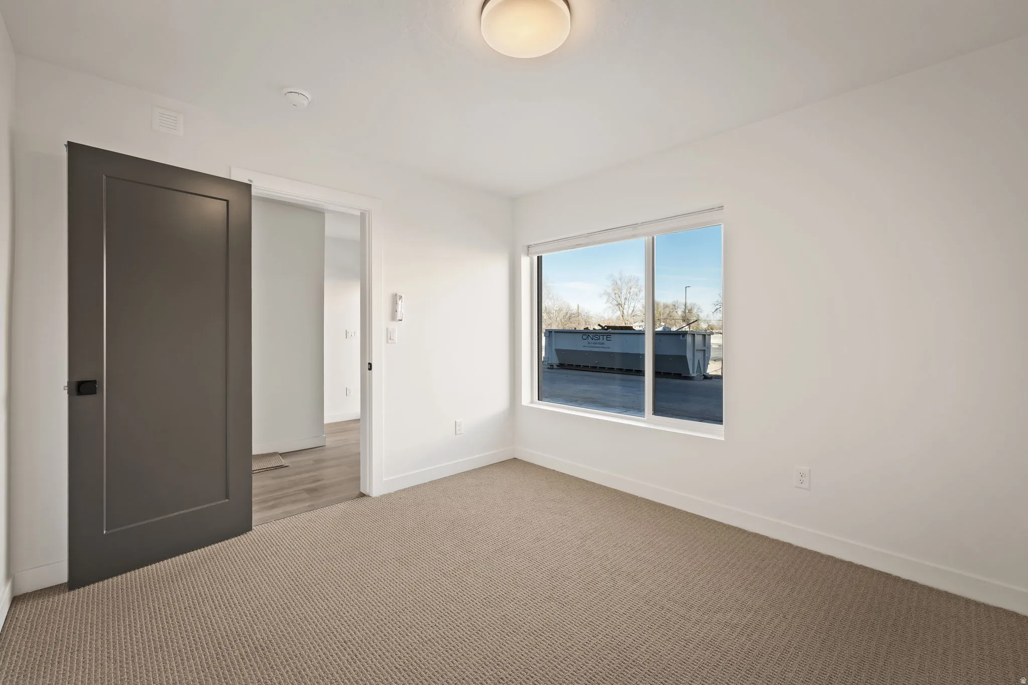 Carpeted room featuring a large window, a modern ceiling light fixture, a dark-paneled barn door with matte black hardware, and light-colored wall finishes