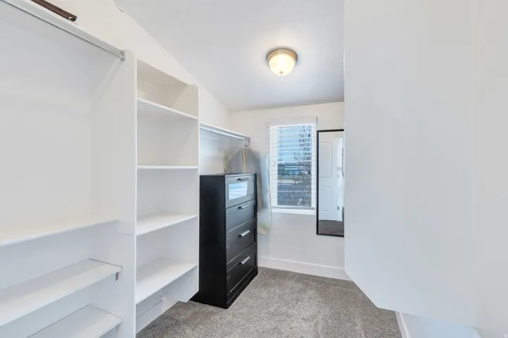 Walk-in closet featuring extensive built-in shelving, hanging rods, an exterior window with blinds, recessed ceiling lighting, and carpet flooring