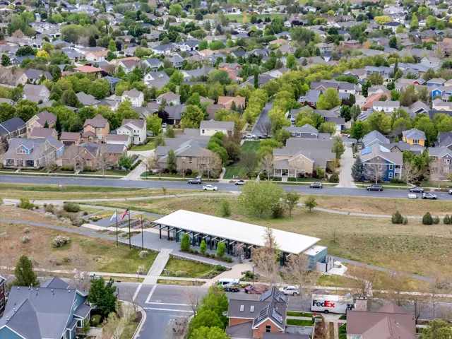 Aerial perspective showcasing a residential community with diverse home styles