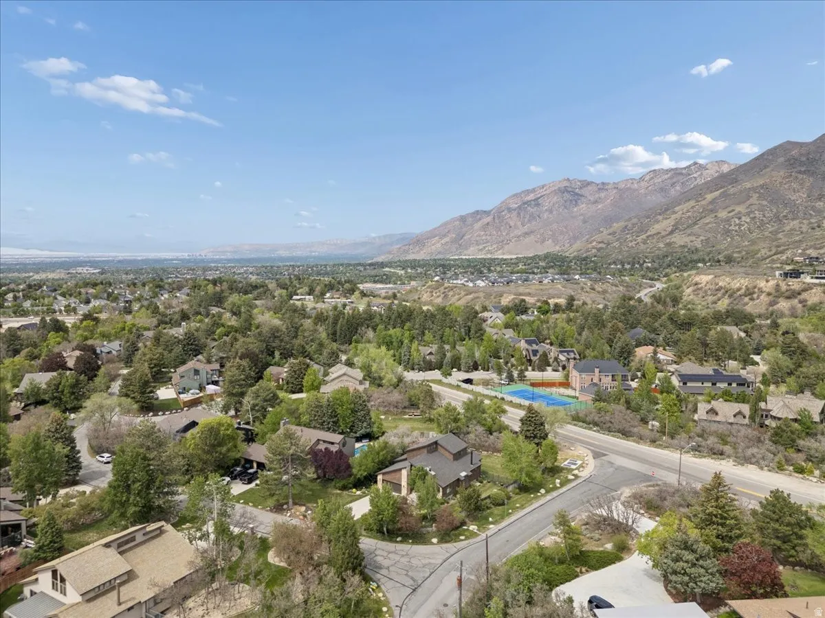 Expansive aerial perspective showcasing a residential area with mature tree coverage, mountain backdrop, and distant urban landscape