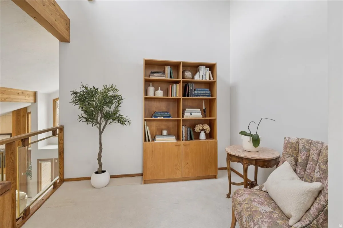 Upper-level landing featuring light-colored carpeting and white wall finishes