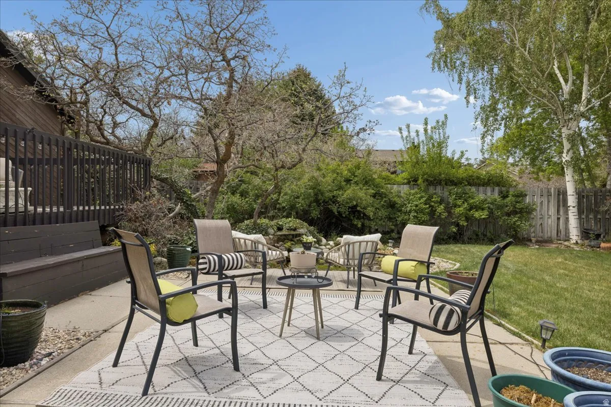 Expansive backyard patio featuring a decorative outdoor rug, surrounded by lush perimeter landscaping and mature trees