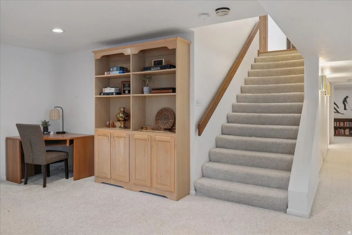 Carpeted staircase with a wood handrail
