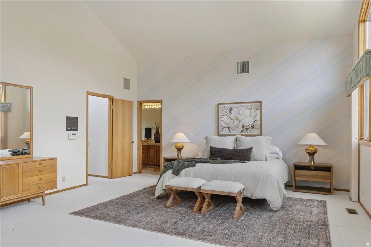 Vaulted ceiling bedroom featuring light-toned carpeting and wood-finish doors