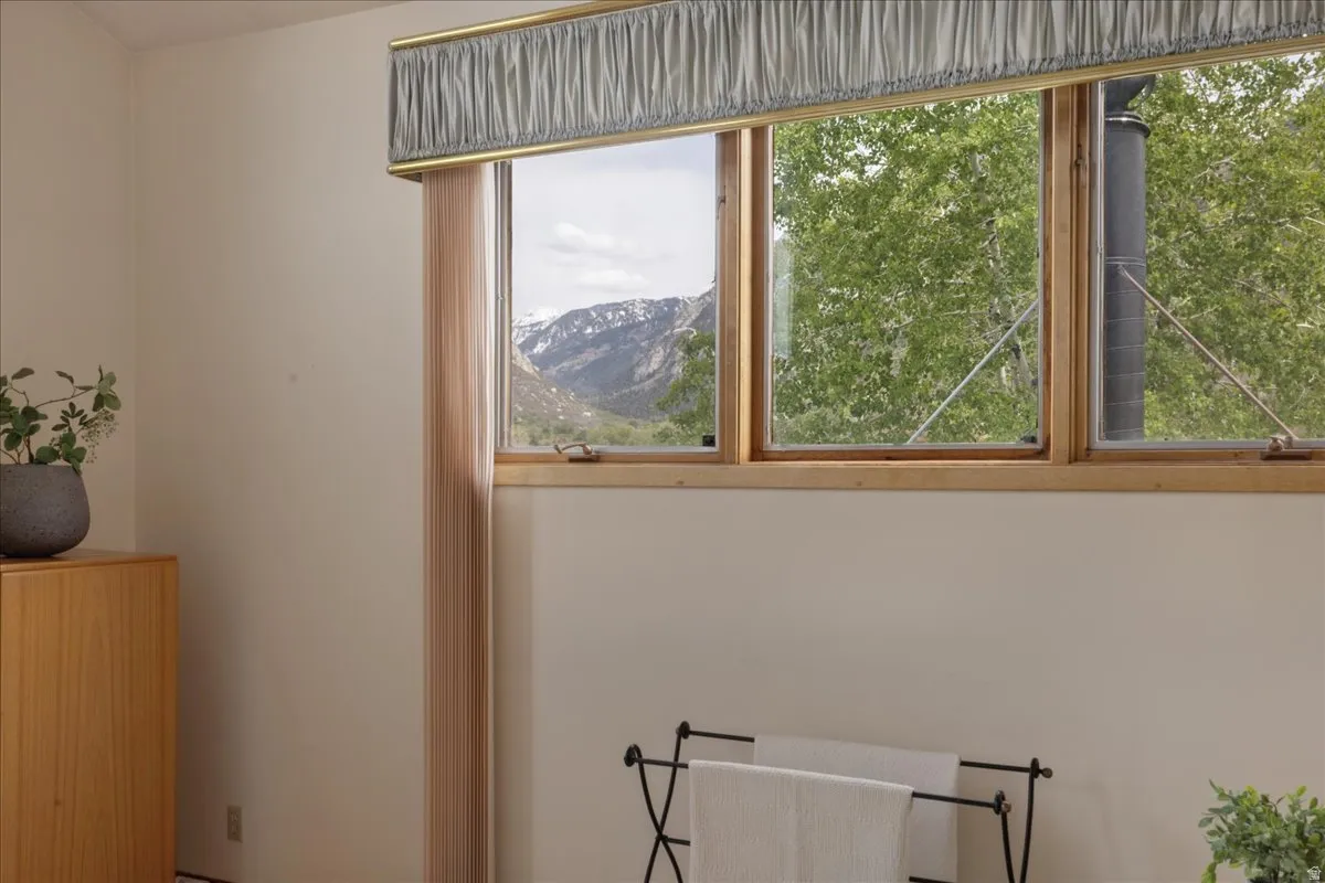 Wood-framed windows featuring a mountain and tree-lined outdoor scene