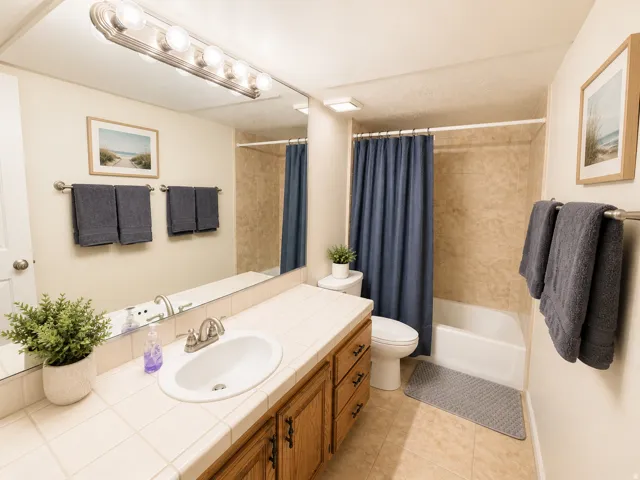 Bathroom featuring a full vanity with tile countertop, integrated sink, and wood cabinetry