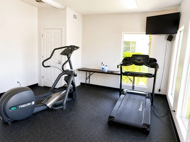 Dedicated fitness space featuring rubber flooring and abundant natural light from multiple windows