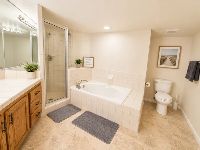 Bathroom featuring a built-in soaking tub with tile surround, a glass-enclosed shower, a vanity with a tiled countertop and wood-finish cabinetry, and neutral-toned tile flooring