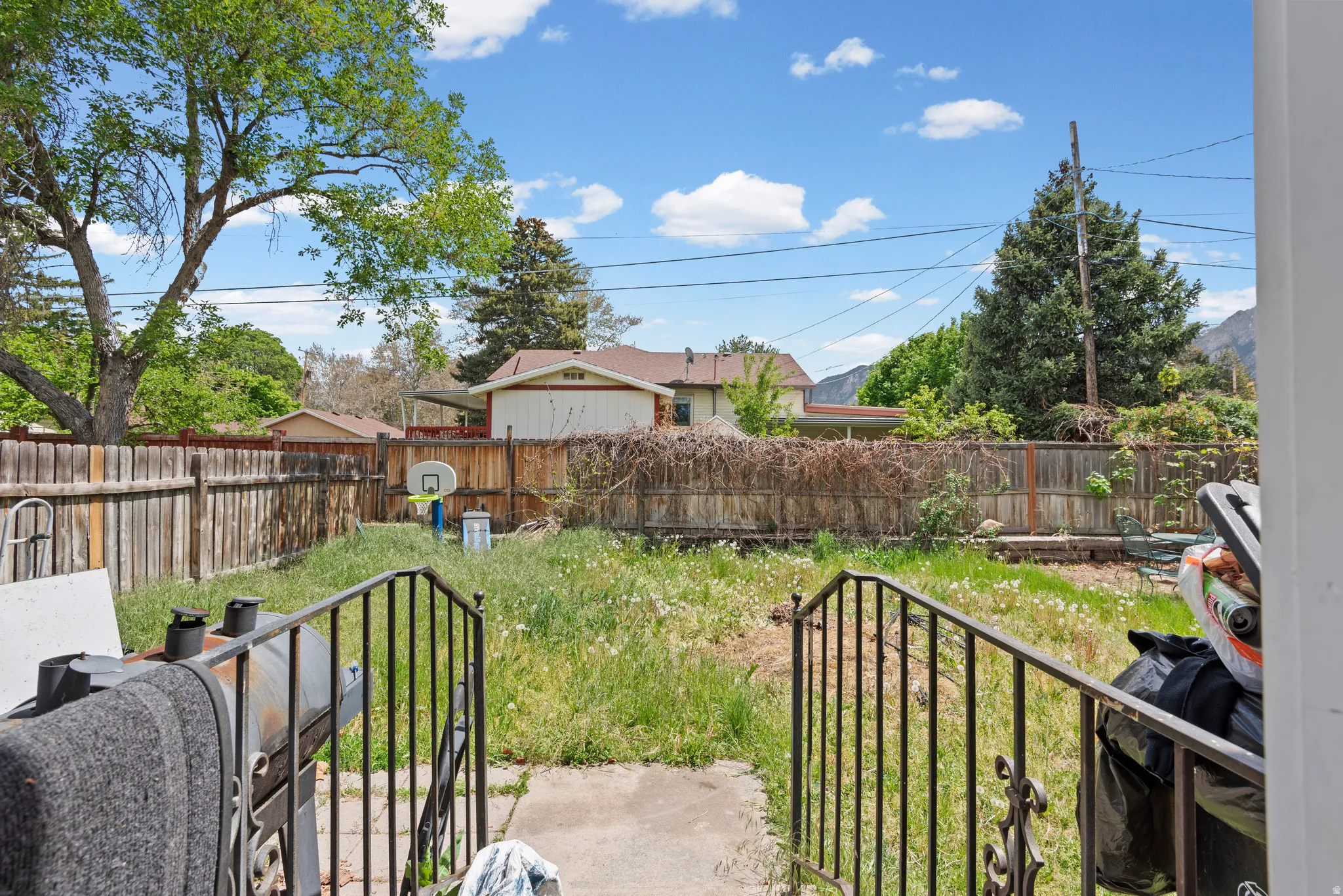 Expansive backyard with a wooden fence boundary, established trees, and a concrete patio area
