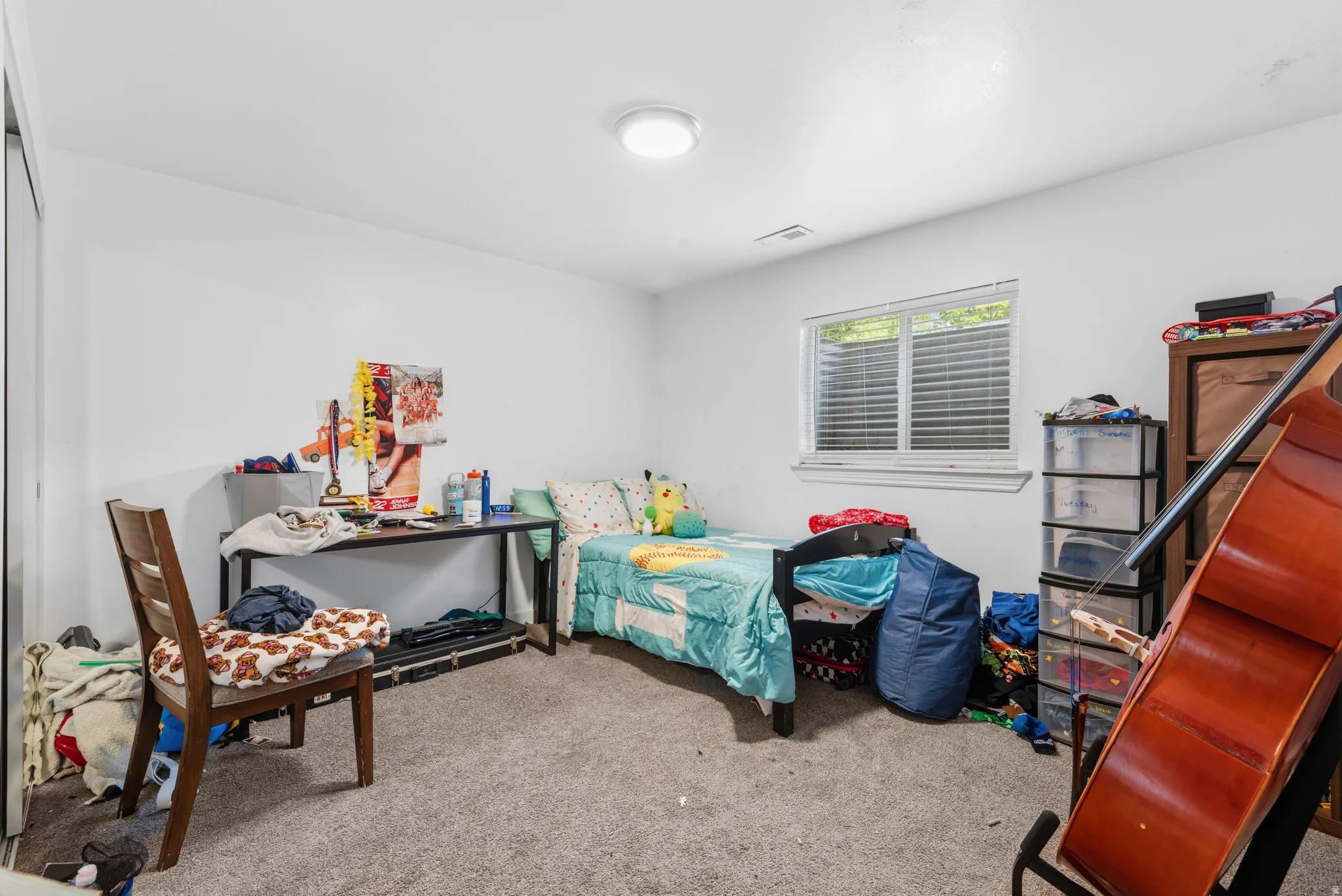 Carpeted room with a single window featuring horizontal blinds