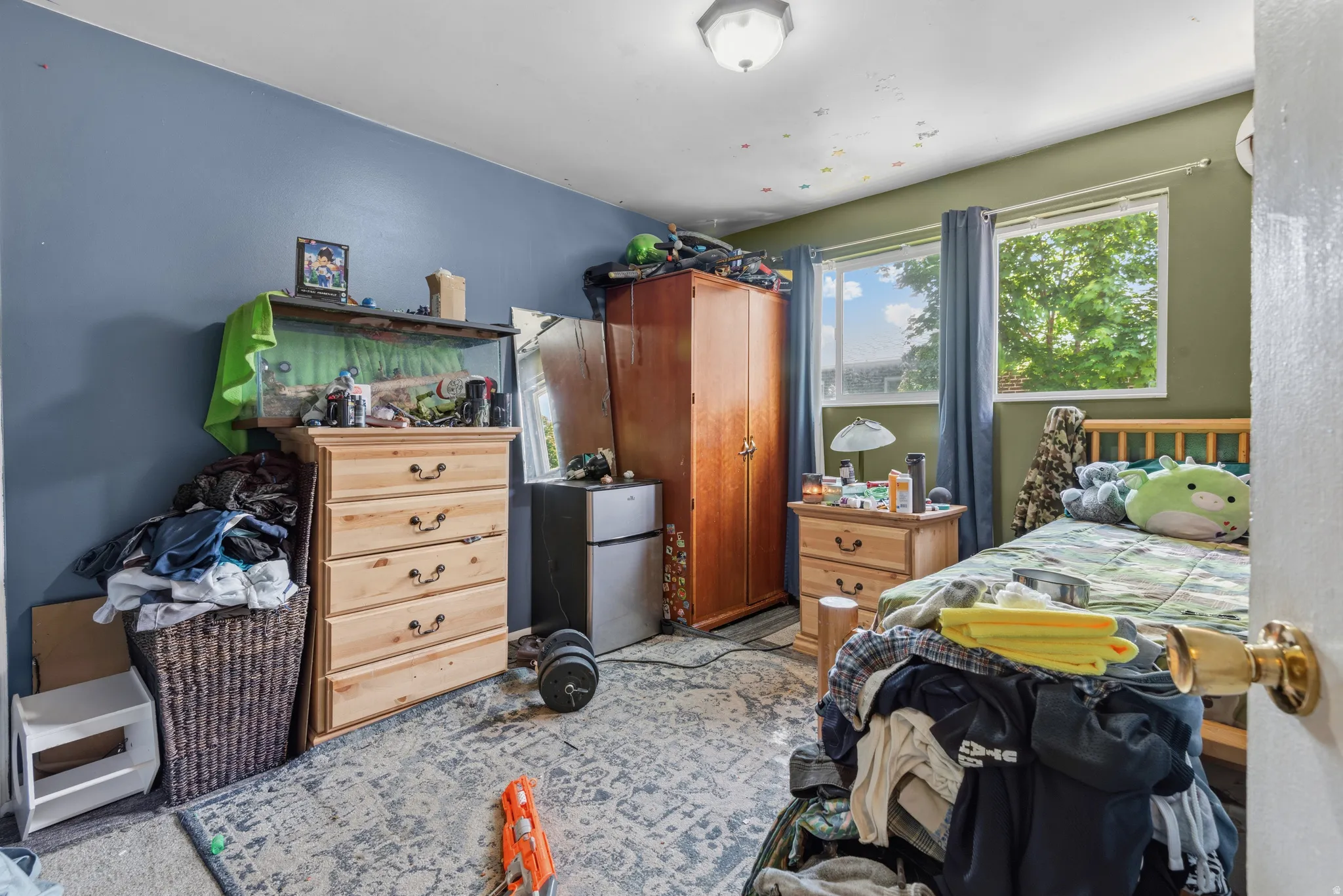 Room with dual windows, featuring a ceiling-mounted light fixture, blue and olive green wall paint, and a white door with a brass-finish knob