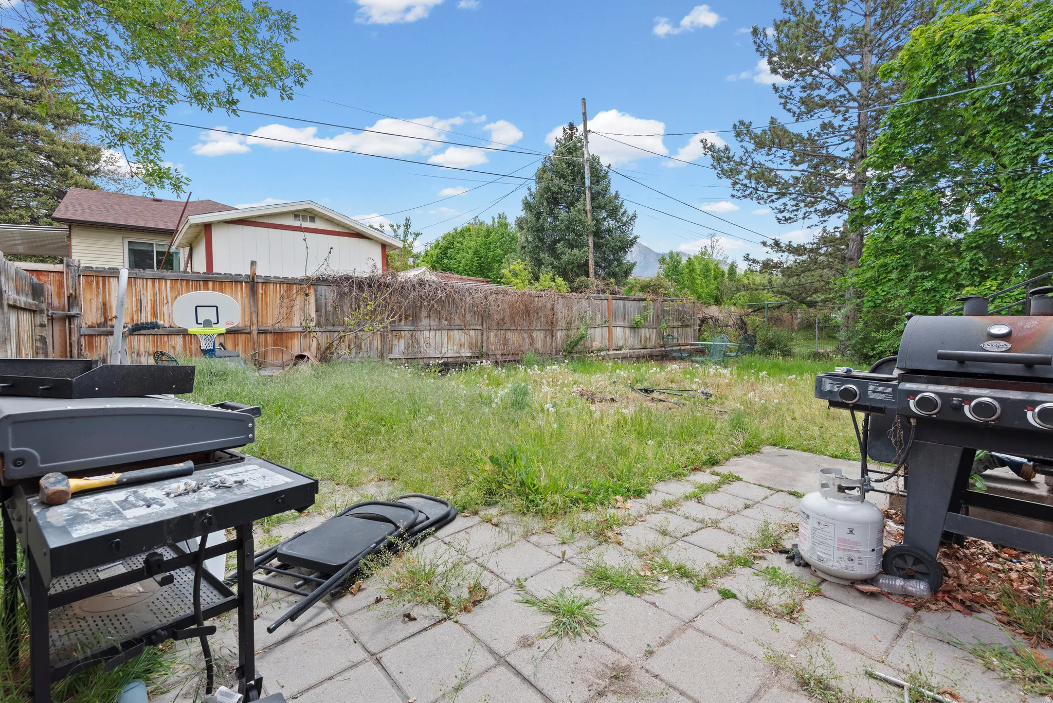 Spacious backyard featuring a large paved patio, mature perimeter trees, and wood fencing