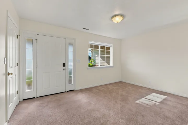 Entryway featuring a paneled door with sidelights, neutral carpeting, a large window, and recessed lighting