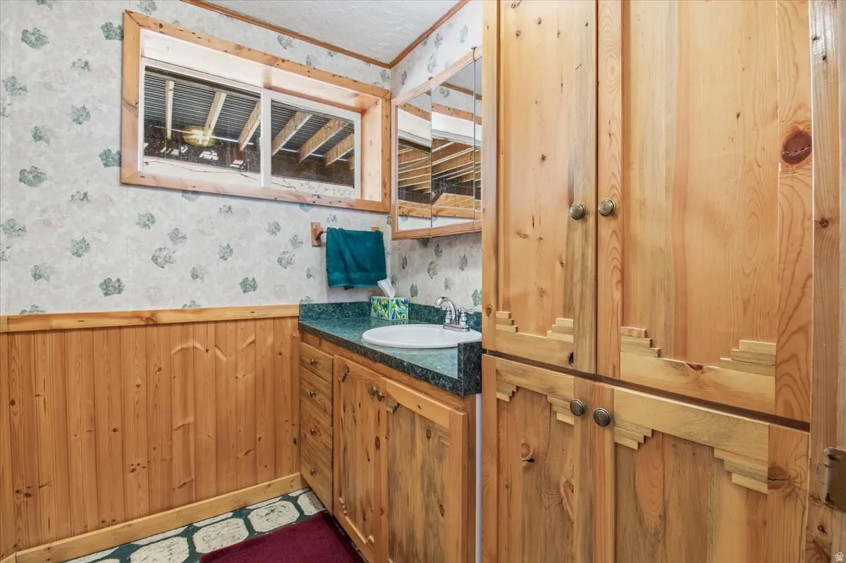 Bathroom featuring natural wood paneling, a wood-framed window, and a vanity with a white basin sink and dark countertop