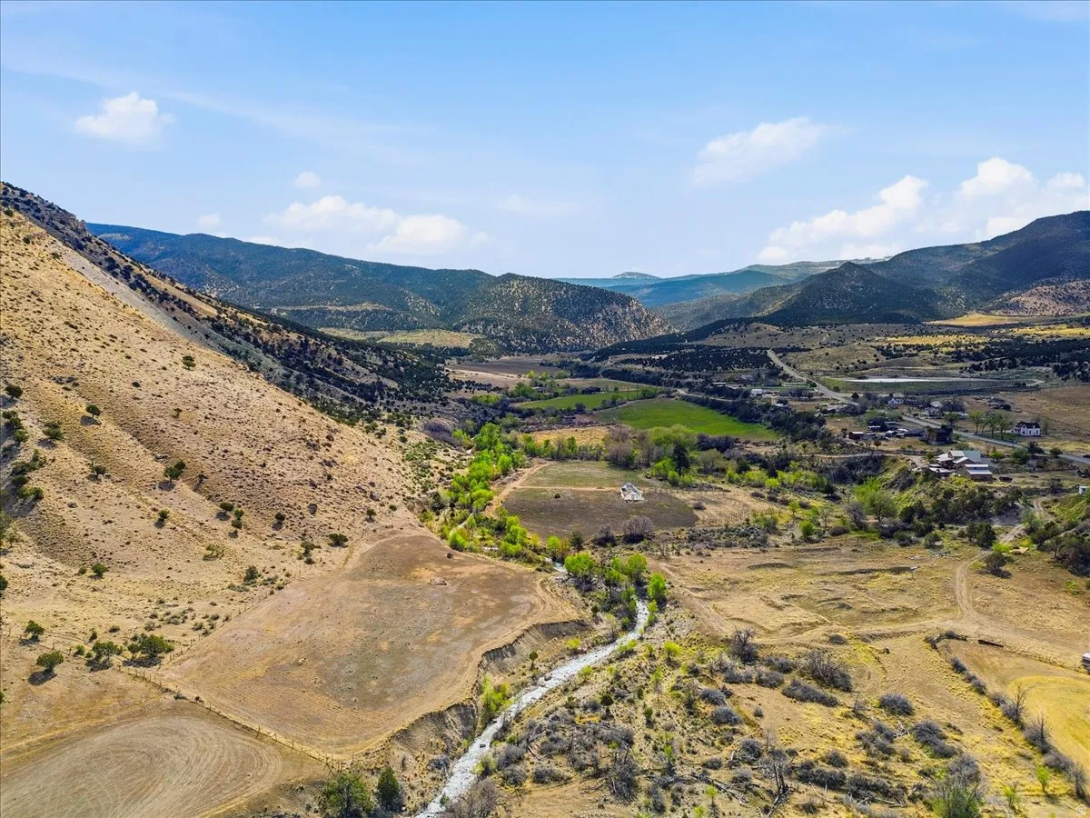Expansive mountain and valley landscape featuring varied terrain, a winding stream, and distant structures